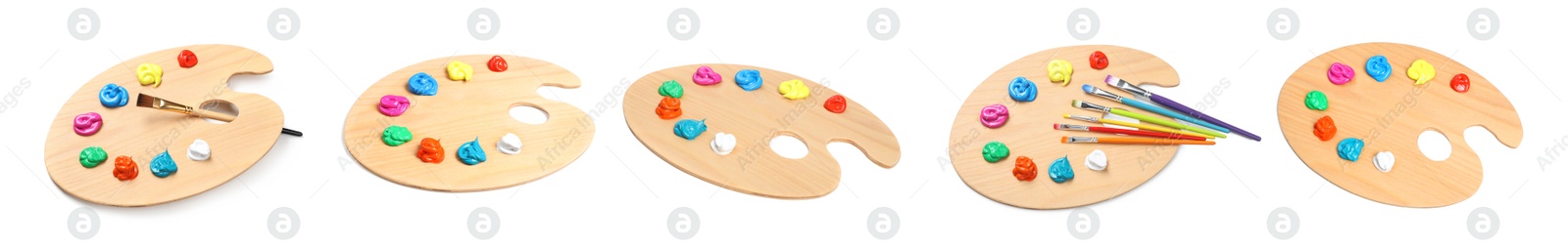 Wooden palette with paints and brushes isolated on white, collage Image of Wooden palette with paints and brushes isolated on white, collage