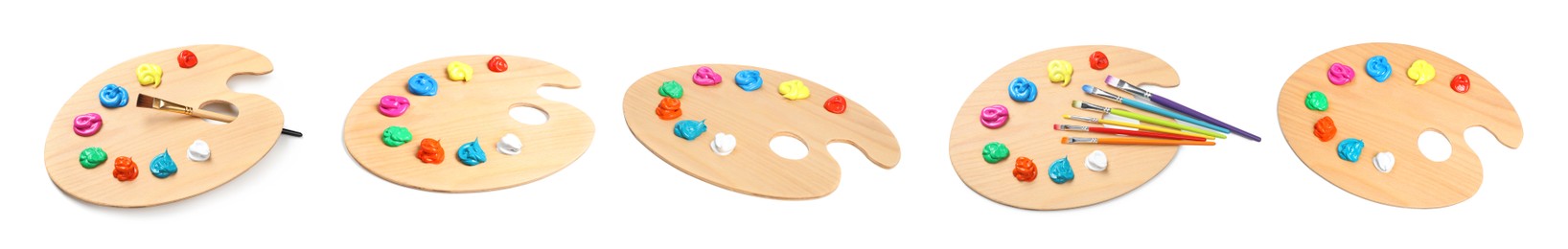 Image of Wooden palette with paints and brushes isolated on white, collage