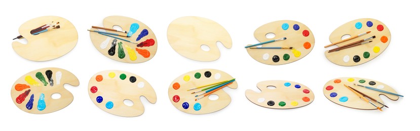 Image of Wooden palette with paints and brushes isolated on white, collage