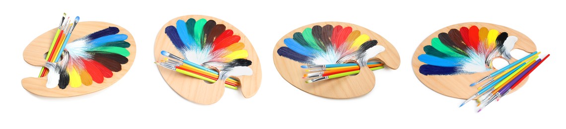 Image of Wooden palette with paints and brushes isolated on white, collage