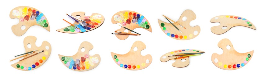 Image of Wooden palette with paints and brushes isolated on white, collage