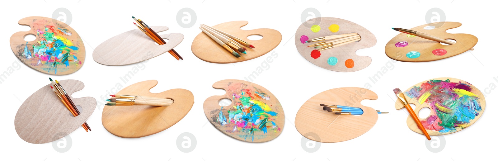 Wooden palettes with paints and brushes isolated on white, collage Image of Wooden palettes with paints and brushes isolated on white, collage