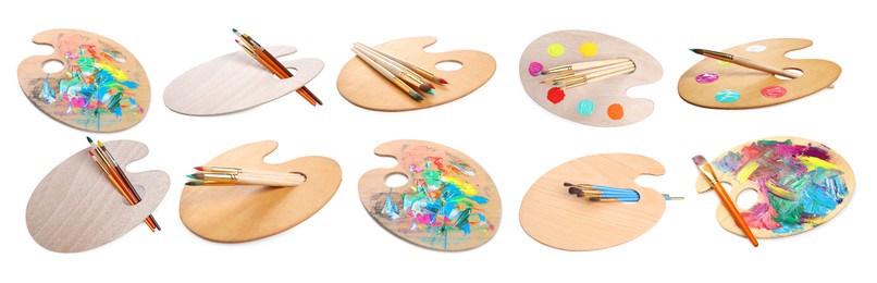 Image of Wooden palettes with paints and brushes isolated on white, collage