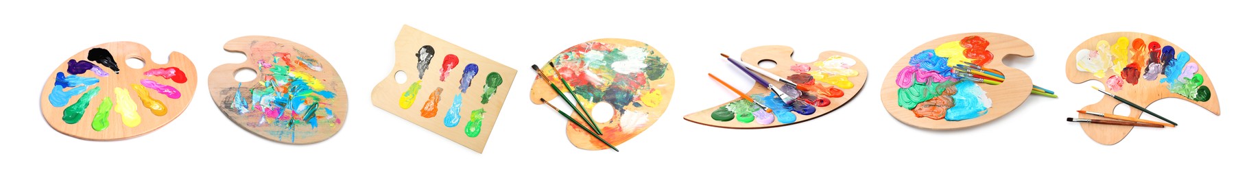 Image of Wooden palettes with paints and brushes isolated on white, collage