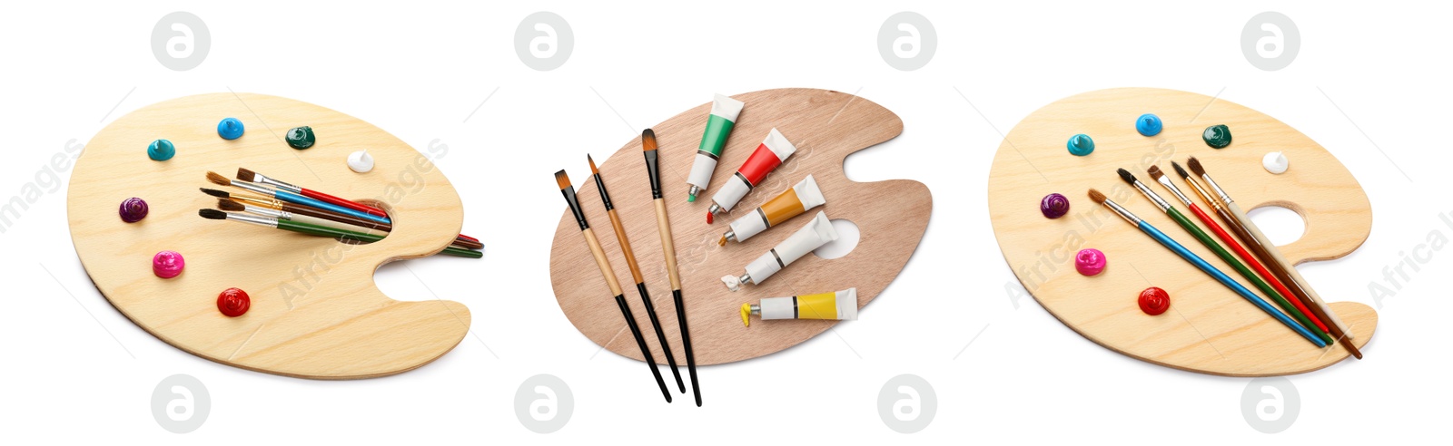 Wooden palettes with paints and brushes isolated on white, collage Image of Wooden palettes with paints and brushes isolated on white, collage