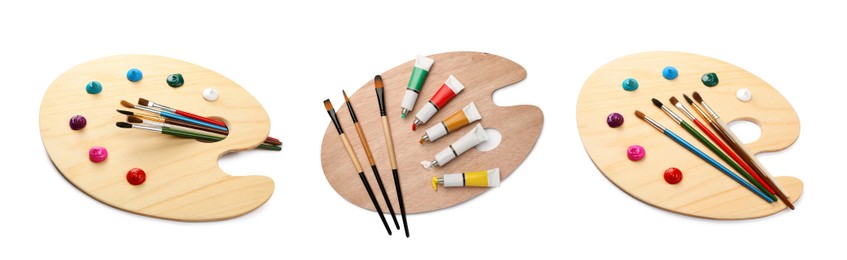Image of Wooden palettes with paints and brushes isolated on white, collage