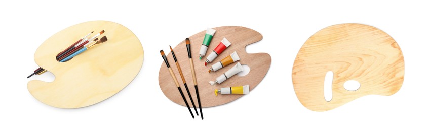Image of Wooden palettes with paints and brushes isolated on white, collage