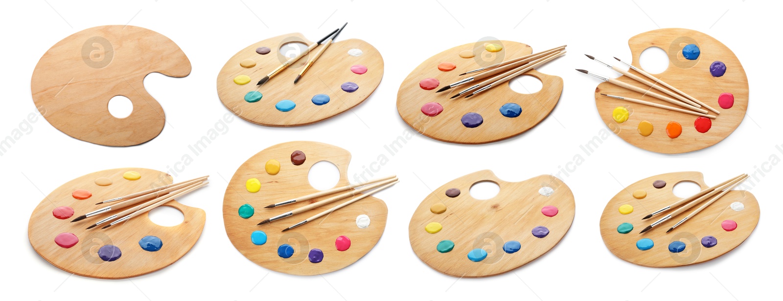 Wooden palettes with paints and brushes isolated on white, collage Image of Wooden palettes with paints and brushes isolated on white, collage