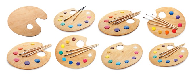Image of Wooden palettes with paints and brushes isolated on white, collage