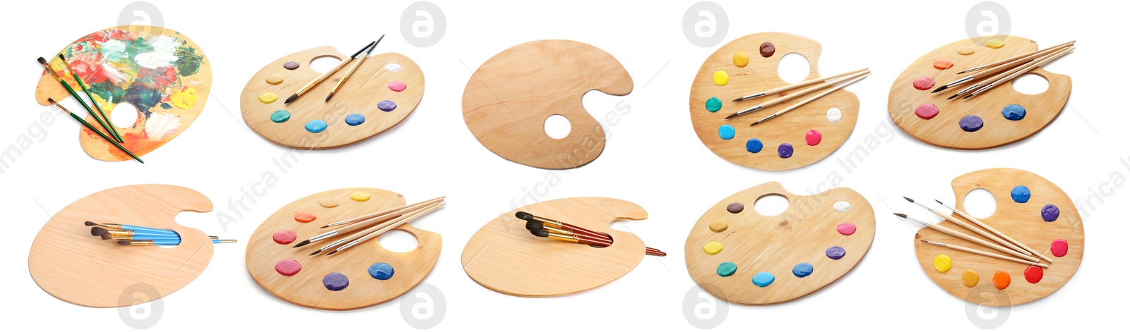 Wooden palettes with paints and brushes isolated on white, collage Image of Wooden palettes with paints and brushes isolated on white, collage