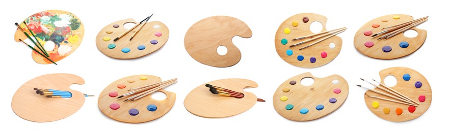 Image of Wooden palettes with paints and brushes isolated on white, collage