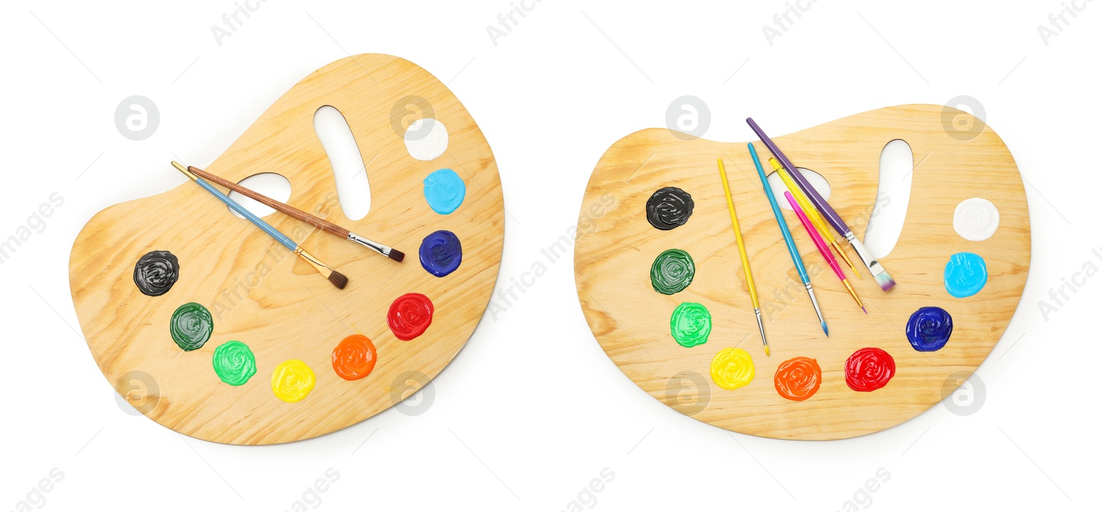 Wooden palette with paints and brushes isolated on white, collage Image of Wooden palette with paints and brushes isolated on white, collage