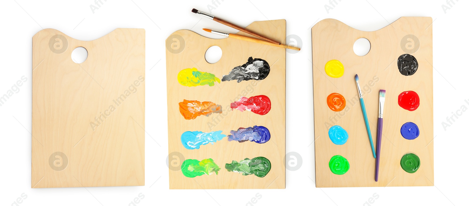 Wooden palettes with paints and brushes isolated on white, collage Image of Wooden palettes with paints and brushes isolated on white, collage