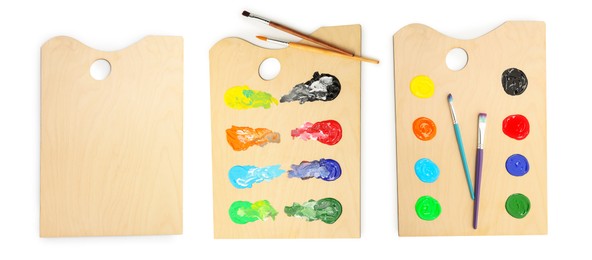 Image of Wooden palettes with paints and brushes isolated on white, collage