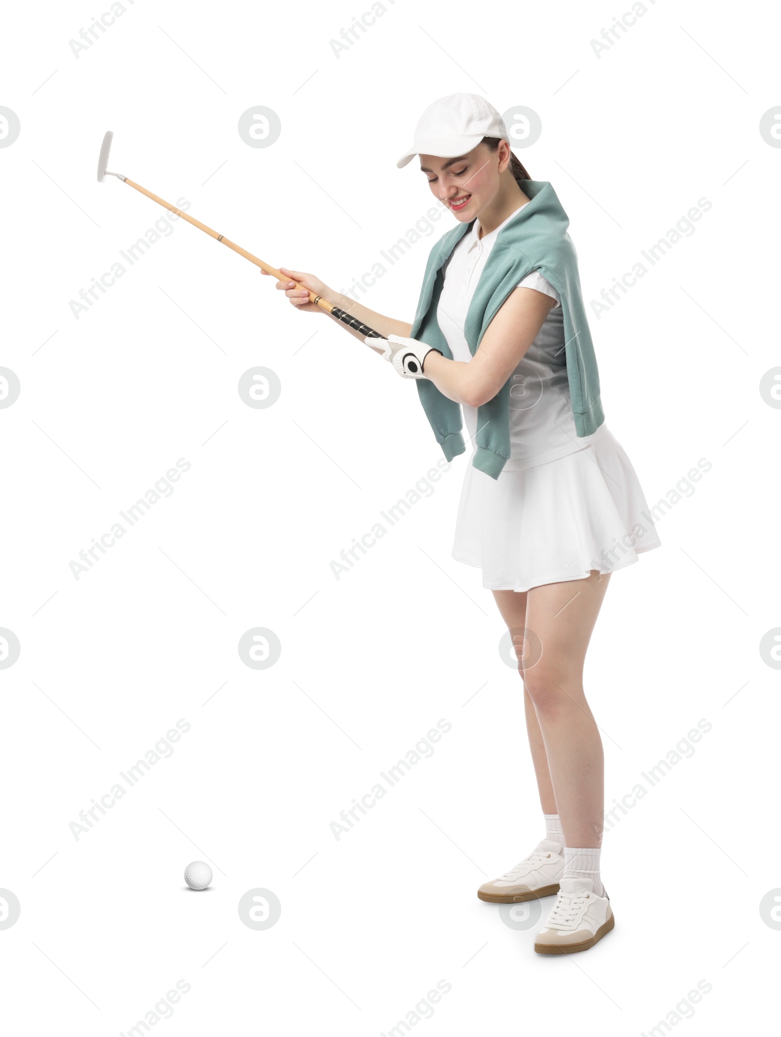 Woman with golf club and ball on white background Image of Woman with golf club and ball on white background