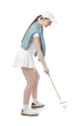 Image of Golfer hitting ball with club on white background
