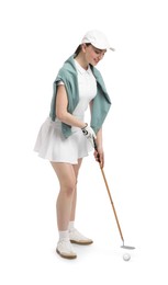 Image of Golfer hitting ball with club on white background