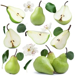 Image of Fresh pears and green leaves on white background, collage