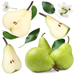 Image of Fresh pears and green leaves on white background, collage
