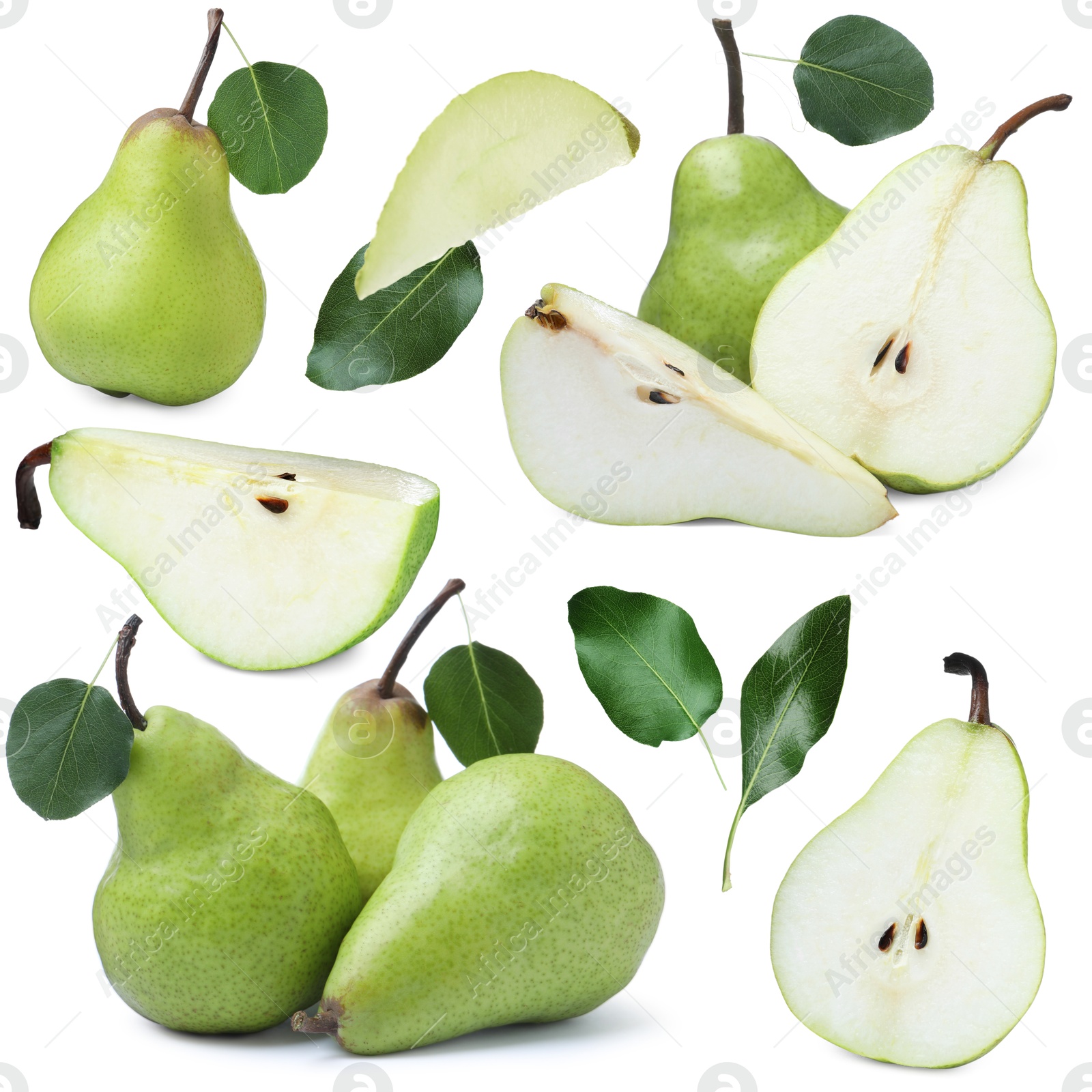 Fresh pears and green leaves on white background, collage Image of Fresh pears and green leaves on white background, collage