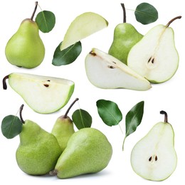 Image of Fresh pears and green leaves on white background, collage