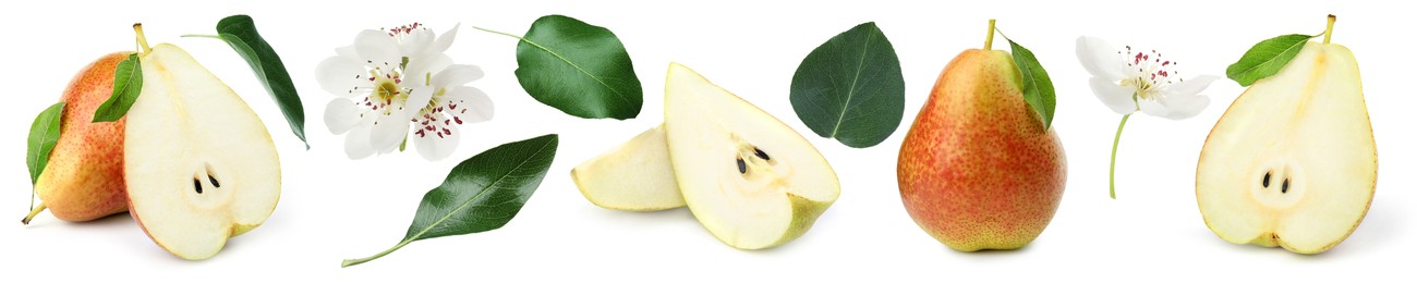 Image of Fresh pears and green leaves on white background, set
