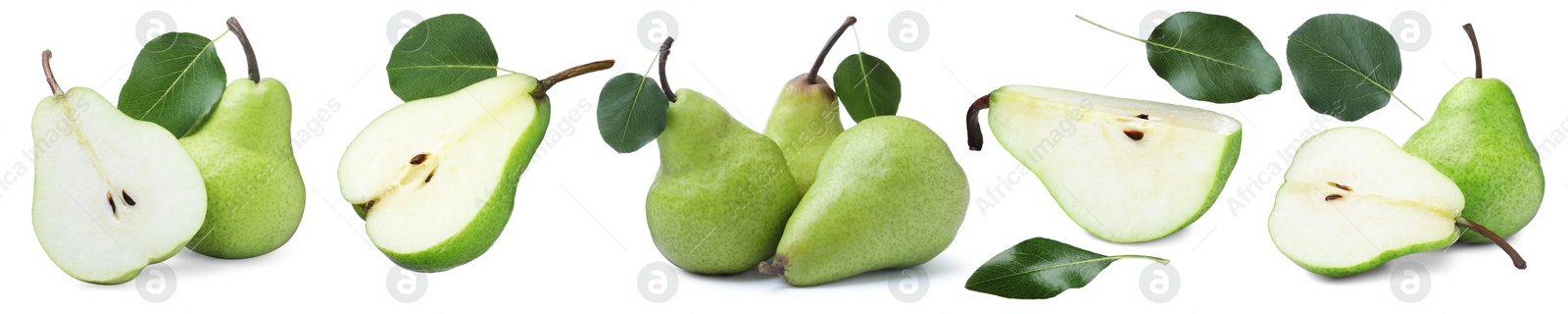 Fresh pears and green leaves on white background, set Image of Fresh pears and green leaves on white background, set