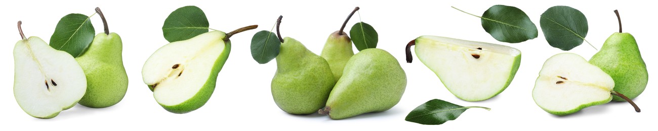 Image of Fresh pears and green leaves on white background, set