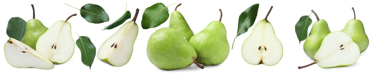 Image of Fresh pears and green leaves on white background, set