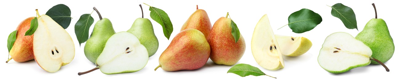 Image of Fresh pears and green leaves on white background, set