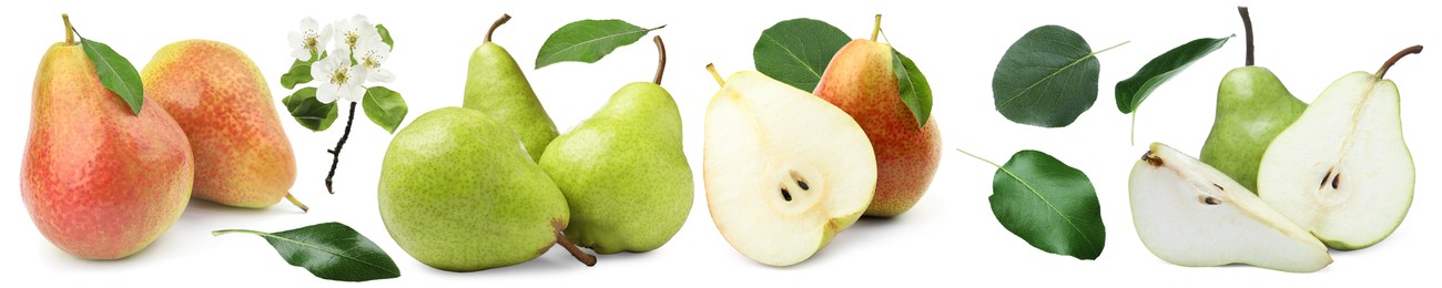 Image of Fresh pears and green leaves on white background, set