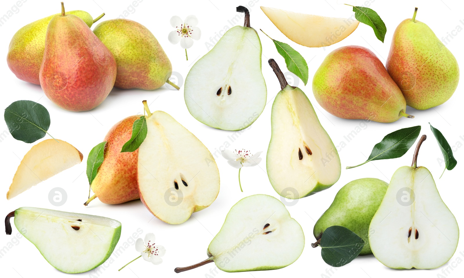 Fresh pears and green leaves on white background, collage Image of Fresh pears and green leaves on white background, collage