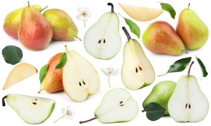 Image of Fresh pears and green leaves on white background, collage