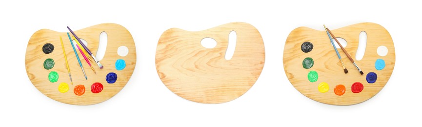 Image of Wooden palette with paints and brushes isolated on white, collage