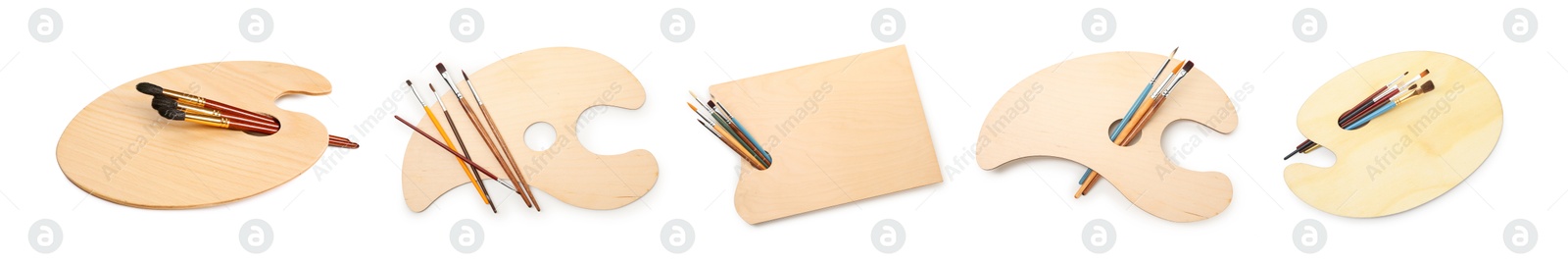 Empty wooden palettes with brushes isolated on white, set Image of Empty wooden palettes with brushes isolated on white, set