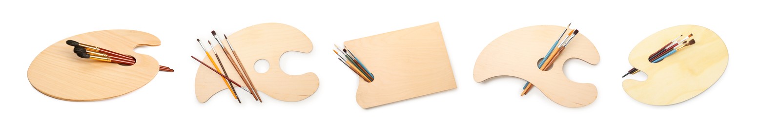 Image of Empty wooden palettes with brushes isolated on white, set