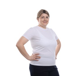 Photo of Weight loss. Plus size woman on white background