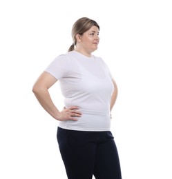 Photo of Weight loss. Plus size woman on white background
