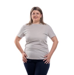 Photo of Weight loss. Plus size woman on white background