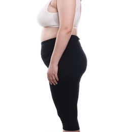 Photo of Weight loss. Plus size woman on white background, closeup