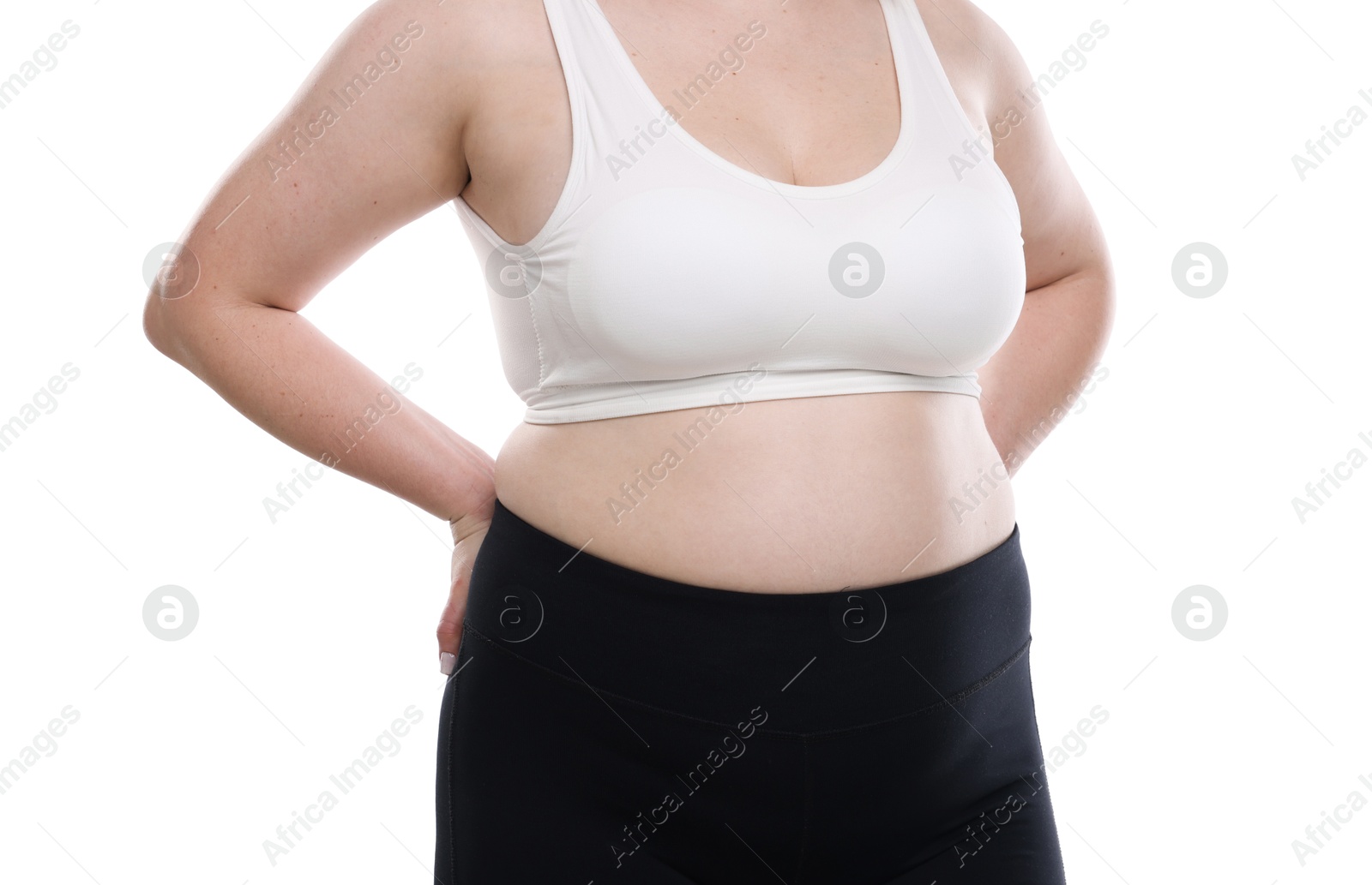 Weight loss. Plus size woman on white background, closeup Photo of Weight loss. Plus size woman on white background, closeup