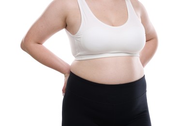 Photo of Weight loss. Plus size woman on white background, closeup