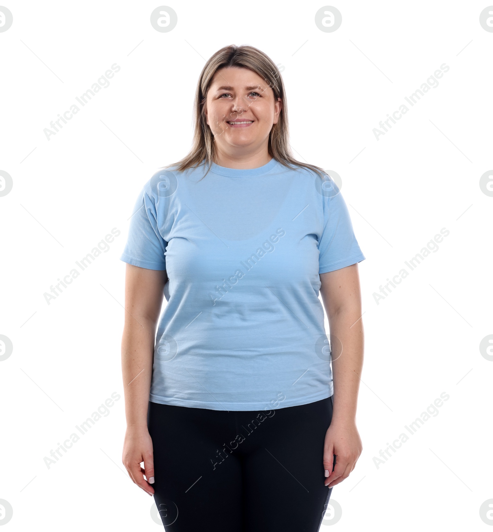 Weight loss. Plus size woman on white background Photo of Weight loss. Plus size woman on white background
