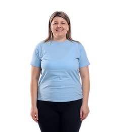 Photo of Weight loss. Plus size woman on white background