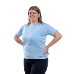 Photo of Weight loss. Plus size woman on white background