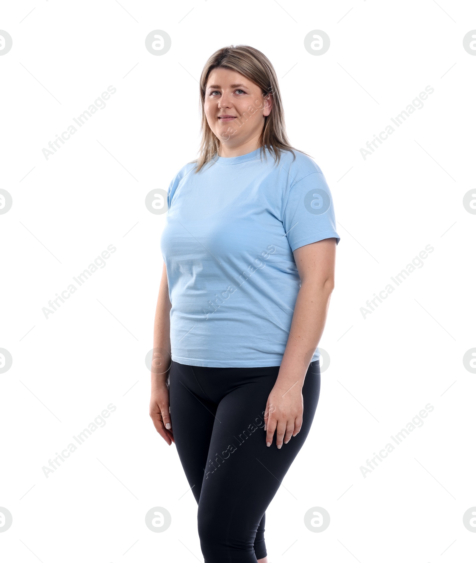Weight loss. Plus size woman on white background Photo of Weight loss. Plus size woman on white background