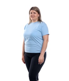 Photo of Weight loss. Plus size woman on white background
