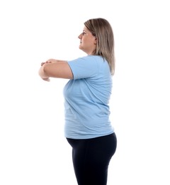 Photo of Weight loss. Plus size woman on white background