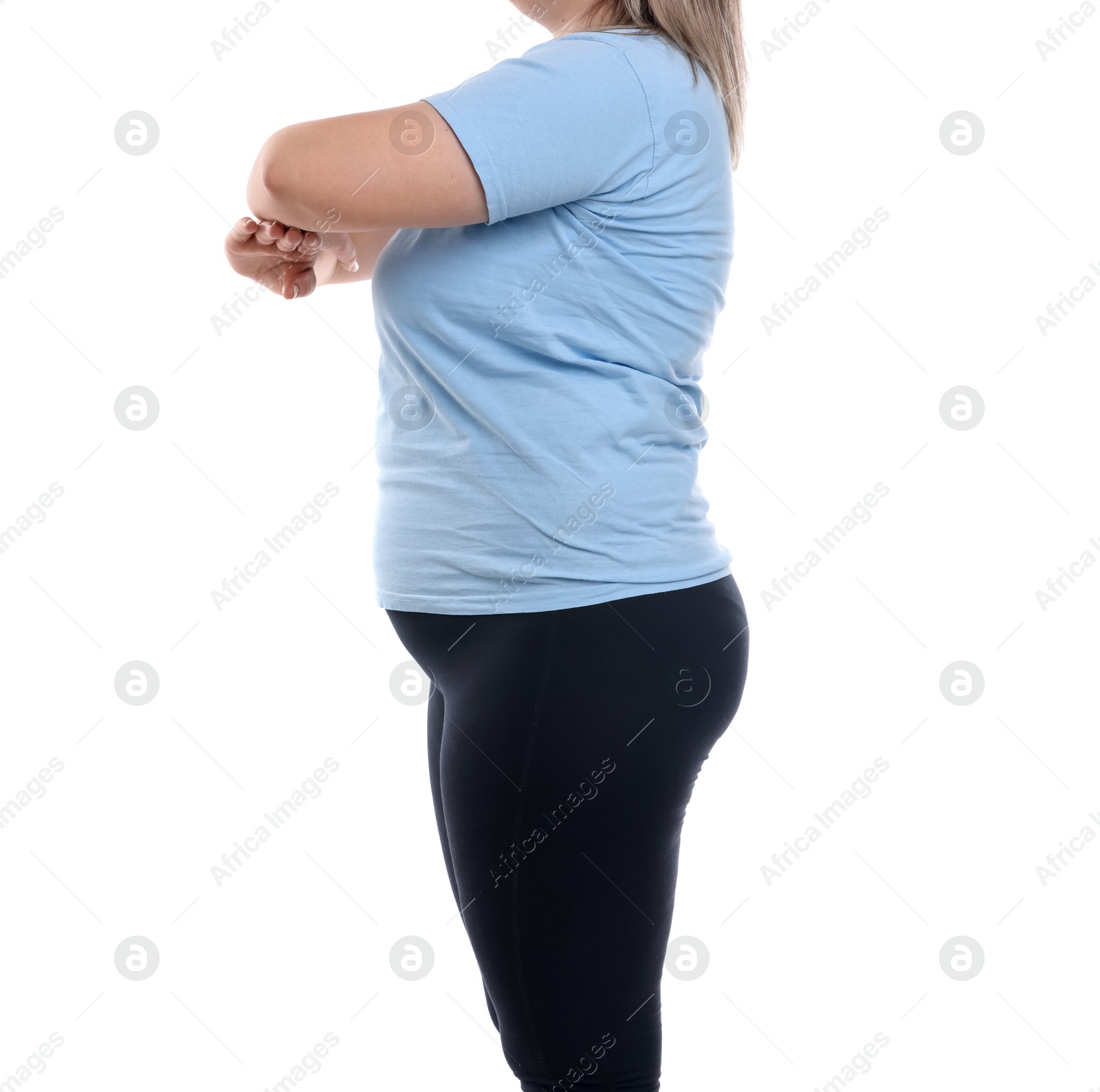 Weight loss. Plus size woman on white background, closeup Photo of Weight loss. Plus size woman on white background, closeup