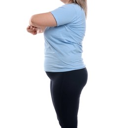 Photo of Weight loss. Plus size woman on white background, closeup